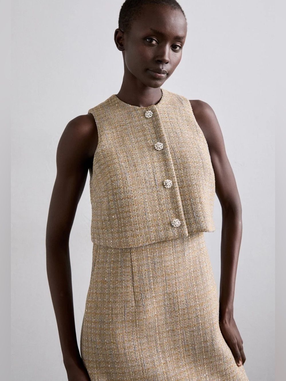 NEW Sandro Penelope Tweed Boucle Dress Layered mini dress camel metallic office